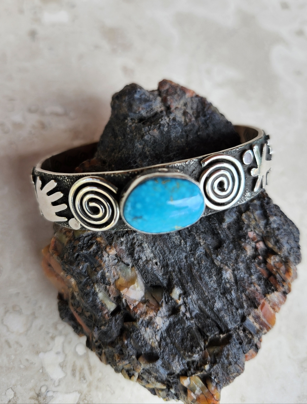 Sterling Silver Navajo Alex Sanchez Turquoise Cuff Bracelet